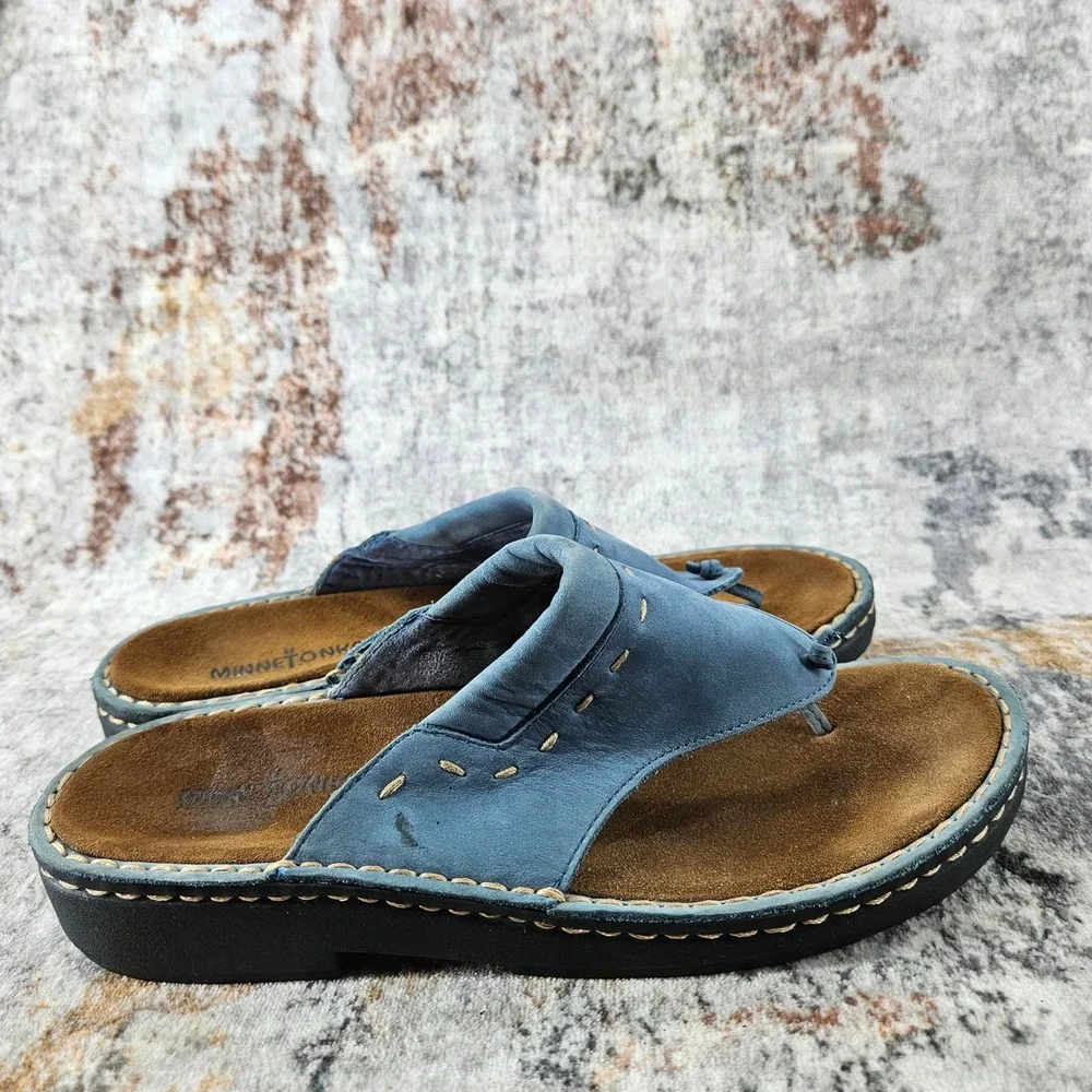 Minnetonka‎ Thong Sandals Womens 10 Platform Blue Leather Whipstitch Boho